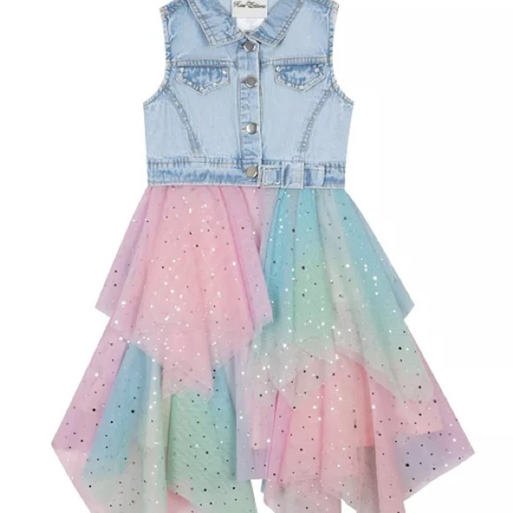 Rare Editions pastel tulle with Light Blue Denim Vest topper
